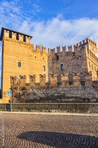Architectural Details of Old Castle (Castelvecchio) at sunrise in Verona. Castelvecchio was constructed on banks of Adige by Cangrande II della Scala in 1354 in order to defend Verona people. Italy. photo