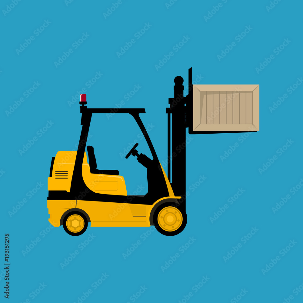 Forklift Truck Isolated on a Blue Background, Yellow Vehicle Forklift Lifted the Box Up, Vector Illustration