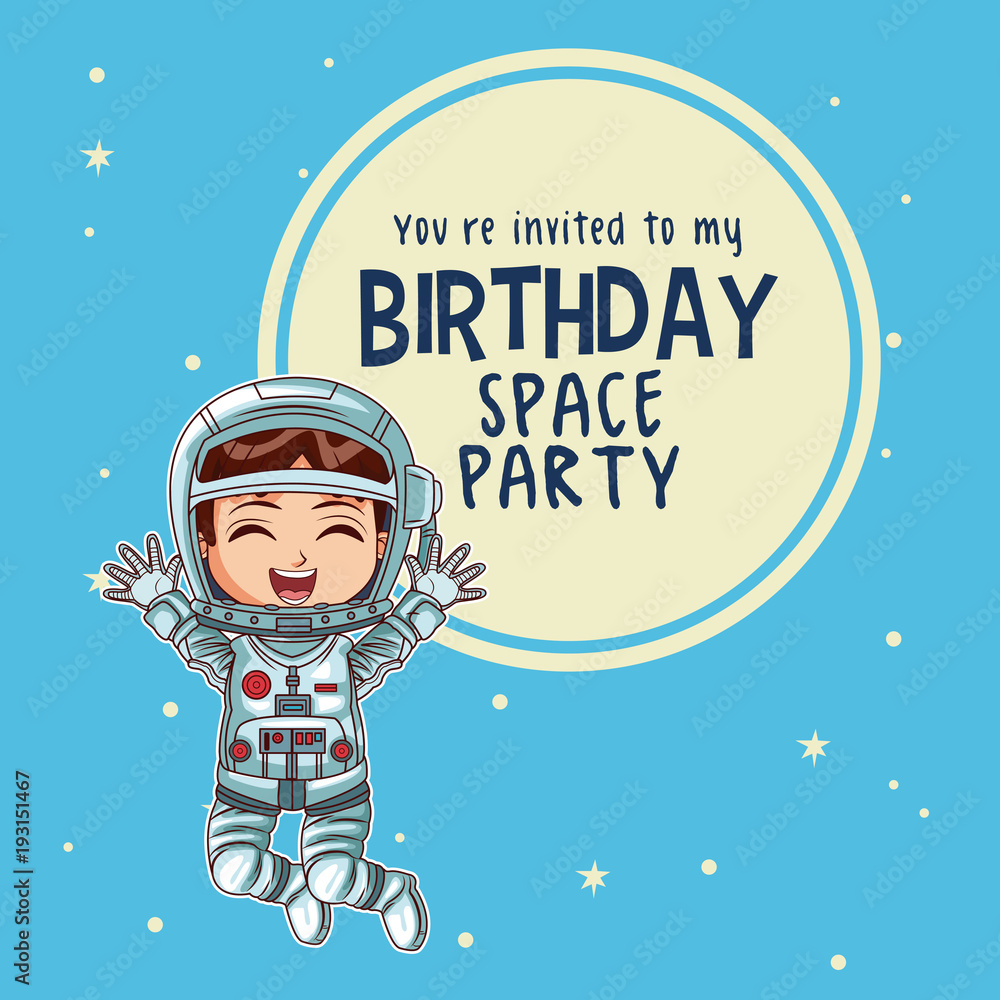 Fototapeta premium Happy birthday invitation card, astronauts kids cartoons vector illustration graphic design childhood space party