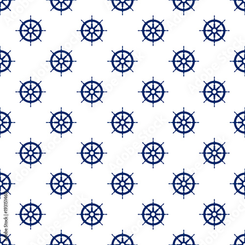 Ship's Wheel , Seamless Maritime Pattern , Blue Boat's Wheel on White Background , Vector Illustration