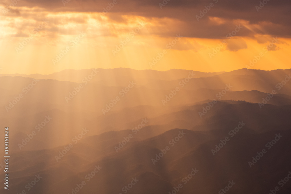 The rising sun, sky cloud sunrise abstract with mountain, background and fog