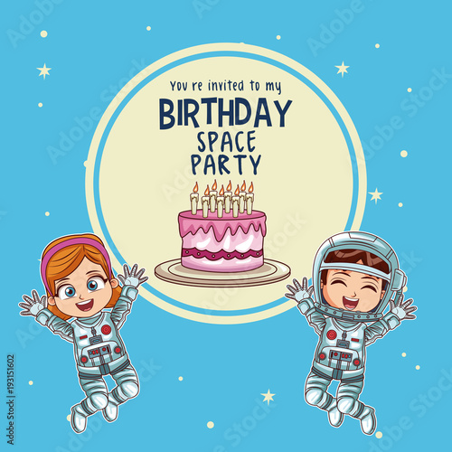 Happy birthday invitation card, astronauts kids cartoons vector illustration graphic design childhood space party