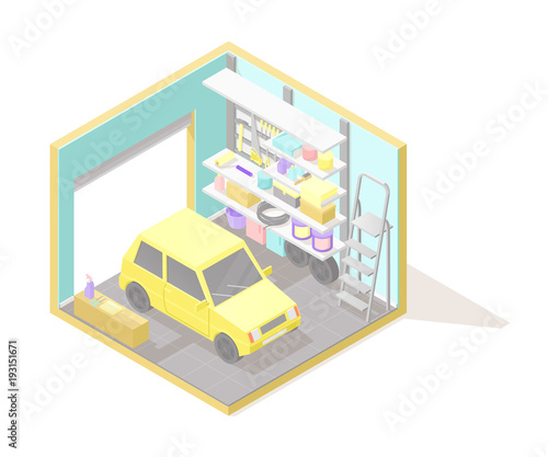 Vector isometric low poly cutaway interior illustartion. Garage this yellow car, ladder, shelves and tools. Automobile service