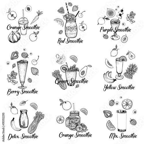 Set of hand drawn sketch style smoothie with fruits and vegetables. Isolated vector illustration.