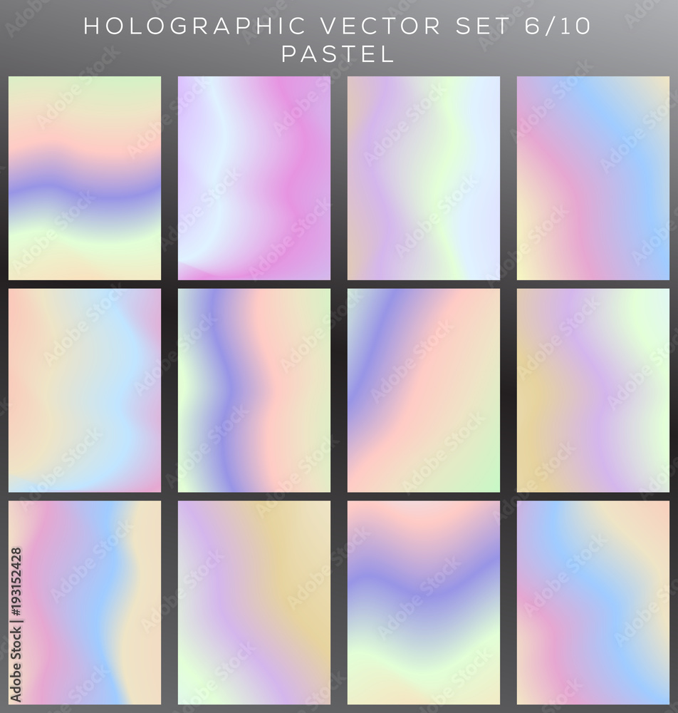 Iridescent Pastel gradient vector holographic texture set. 