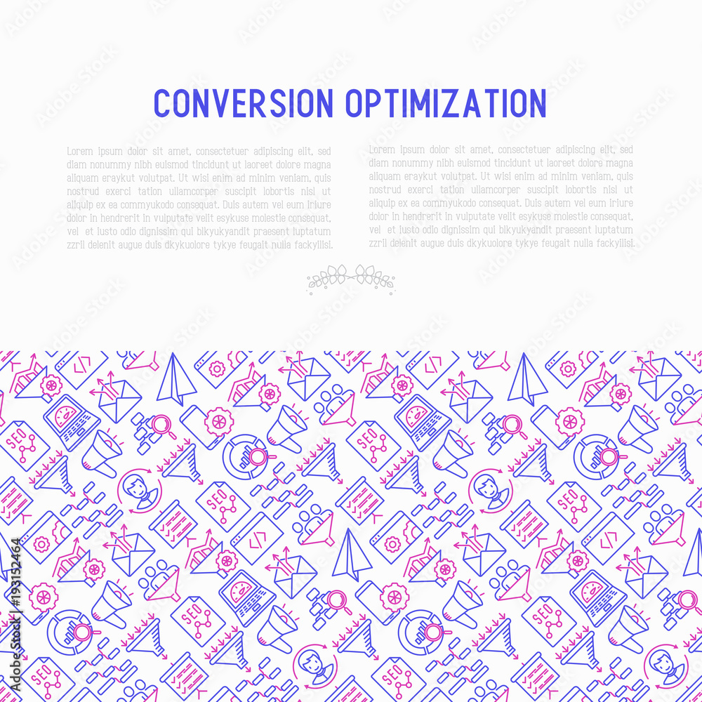 Conversion optimization concept with thin line icons: marketing, customer management, SEO technology, website promotion, visitors, sales funnel, web traffic. Modern vector illustration for print media