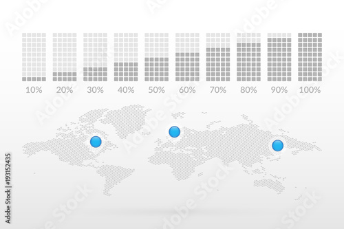 10 20 30 40 50 60 70 80 90 percent square chart symbols. Percentage vector. World Map with Map Pointers. Infographic illustration icons for business, finance, web design, growth, download
