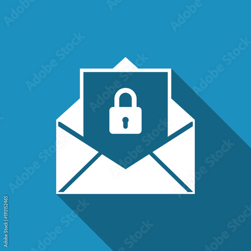 Secure mail icon isolated with long shadow. Mailing envelope locked with padlock. Flat design. Vector Illustration