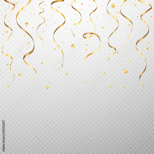 Gold serpentine and confetti isolated on transparent background. Vector illustration.