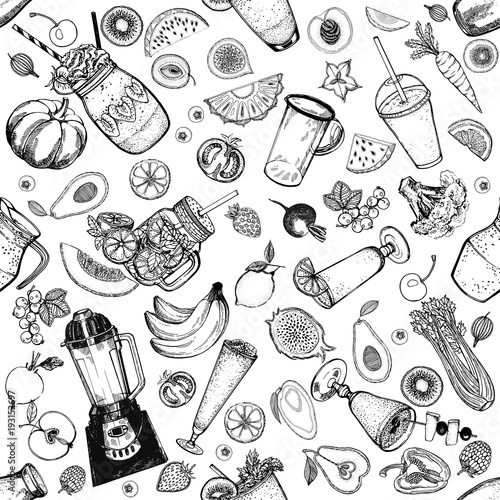 Seamless pattern of hand drawn sketch style smoothie with fruits, vegetables and kitchenware. Isolated vector illustration.