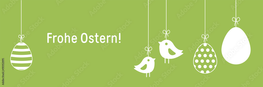 Fototapeta premium Gruß mit hängenden Ostereiern und Küken