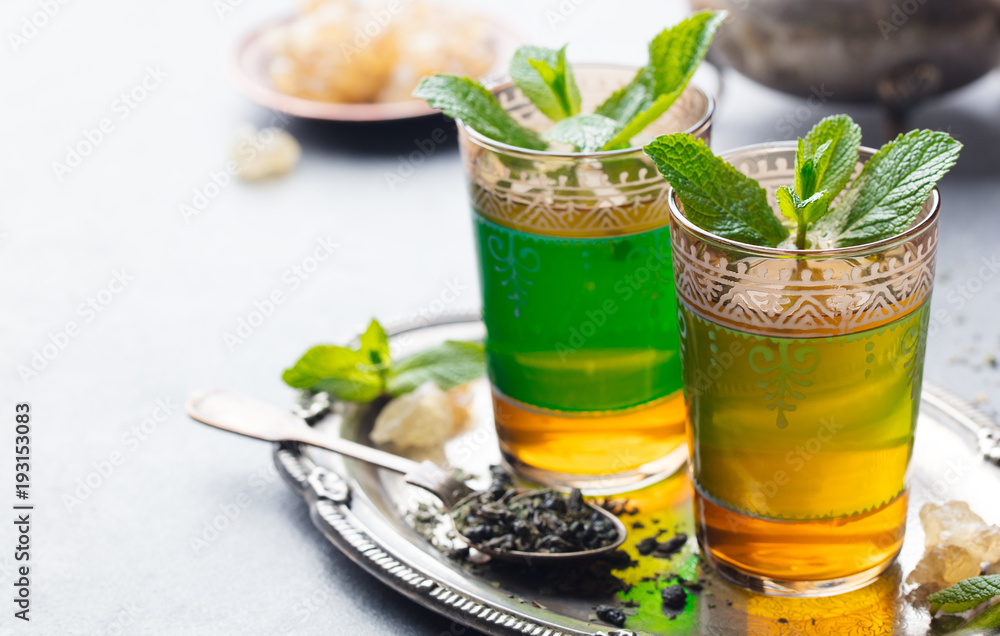 Mint, green tea, Moroccan traditional drink. Copy space. Mint, green tea, Moroccan traditional drink. Copy space.