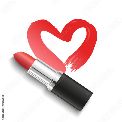 Vector realistic red lipstick with heart shaped lipstick smear isolated on white background