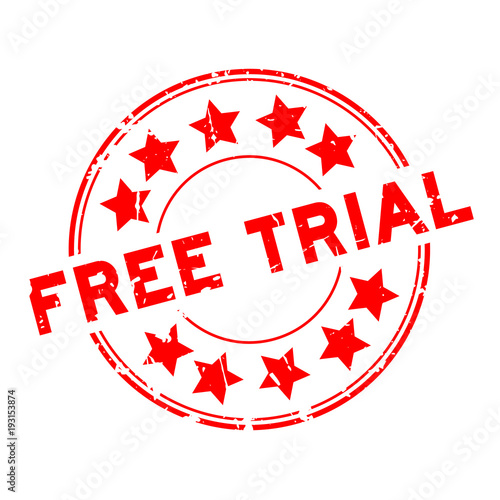 Grunge red free trial word with star icon round rubber seal stamp on white background