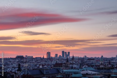 Beautiful sunrise over Prague from Letenske sady with view on Skyscrapers  The capital of Czech Republic