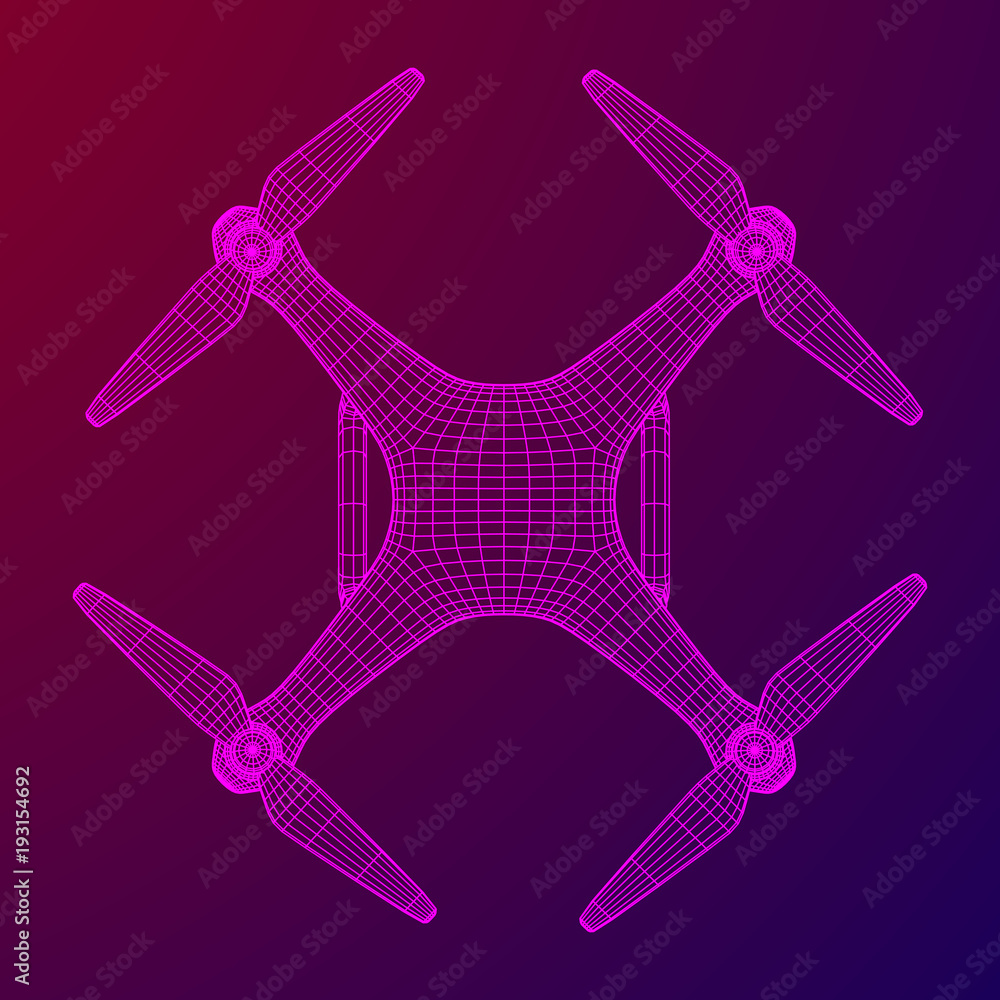 Remote control air drone. Dron flying with action video camera. Wireframe low poly mesh vector illustration Remote control air drone. Dron flying with action video camera. Wireframe low poly mesh vector illustration