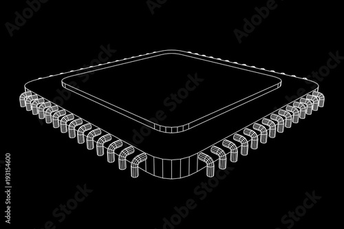 Micro-chip quantum processor, micro-processor with board electronic CPU wireframe low poly mesh vector illustration