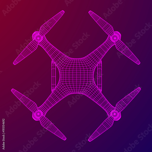 Remote control air drone. Dron flying with action video camera. Wireframe low poly mesh vector illustration