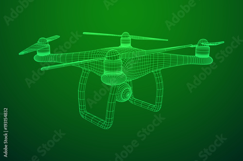 Remote control air drone. Dron flying with action video camera. Wireframe low poly mesh vector illustration