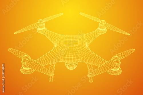 Remote control air drone. Dron flying with action video camera. Wireframe low poly mesh vector illustration