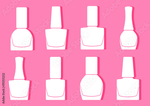 Set of nail polish bottle, white silhouette on pink background. Vector illustration