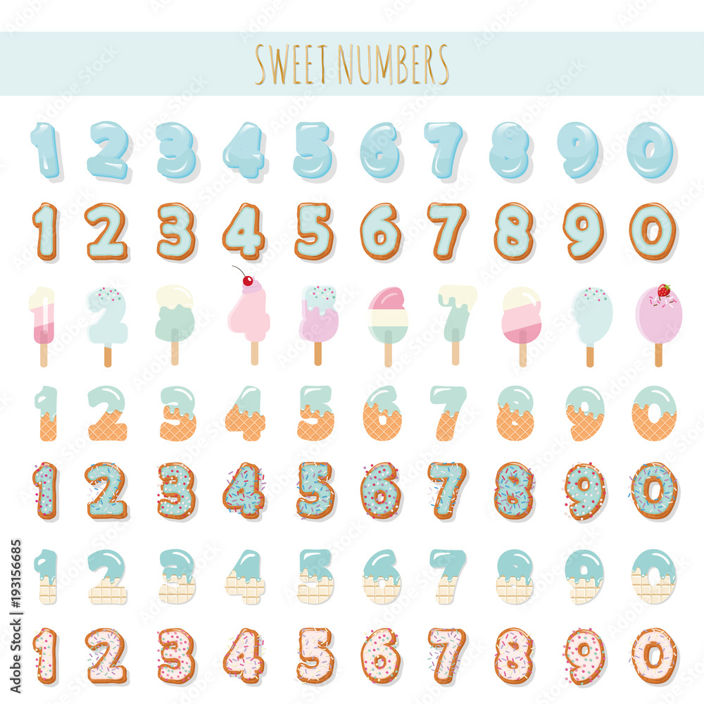 Sweet numbers set in pastel blue. Different textures - ice cream, chocolate, biscuit, lollipop. Sweet numbers set in pastel blue. Different textures - ice cream, chocolate, biscuit, lollipop.
