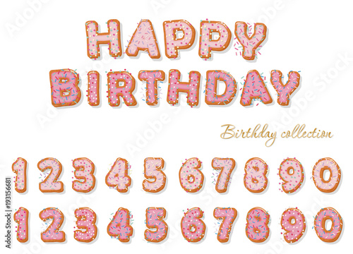 Sweet hand drawn numbers set for birthday design. Biscuit glazed with pink cream with sprinkling. Isolated on white.