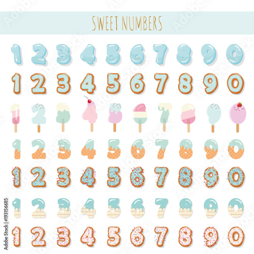 Sweet numbers set in pastel blue. Different textures - ice cream, chocolate, biscuit, lollipop.