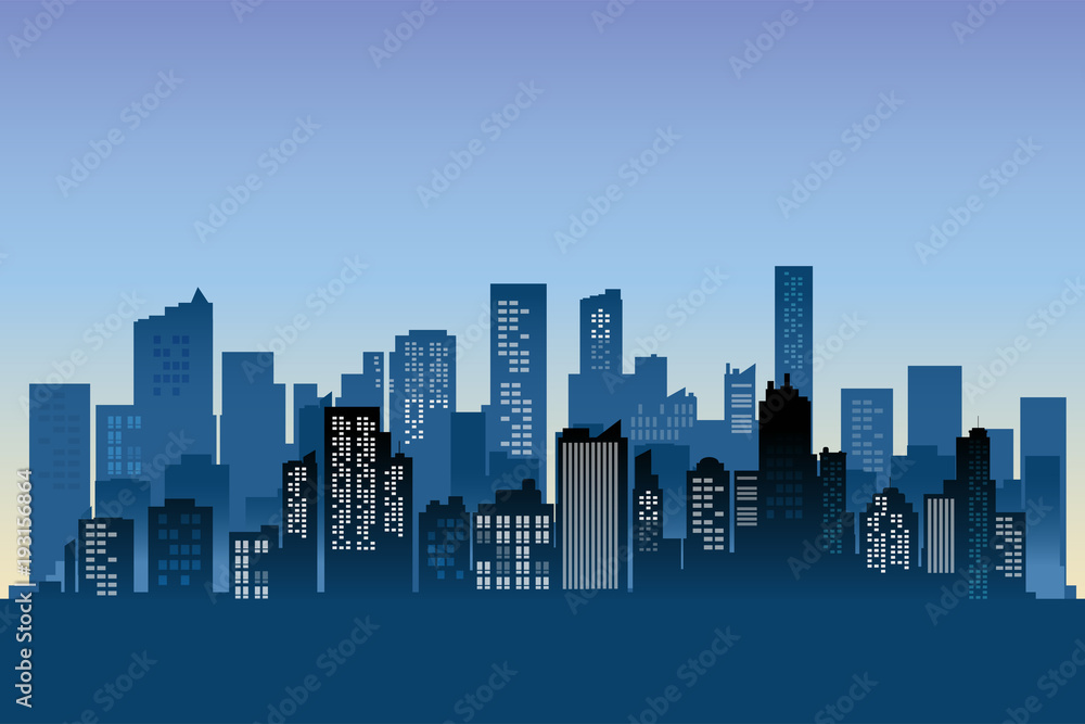 Cityscape background. Buildings silhouette cityscape.  Modern architecture. Urban landscape. Horizontal banner with megapolis panorama. Vector illustration