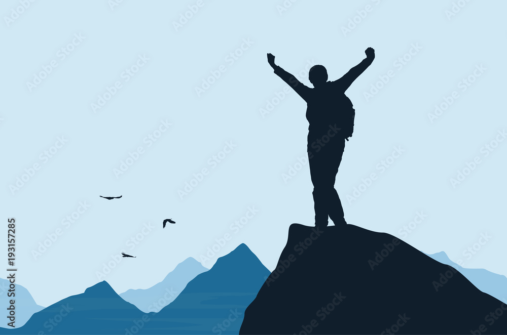 Vector illustration of a mountain landscape with a realistic silhouette of a climber at the top of a rock with a winning gesture under a blue sky with birds