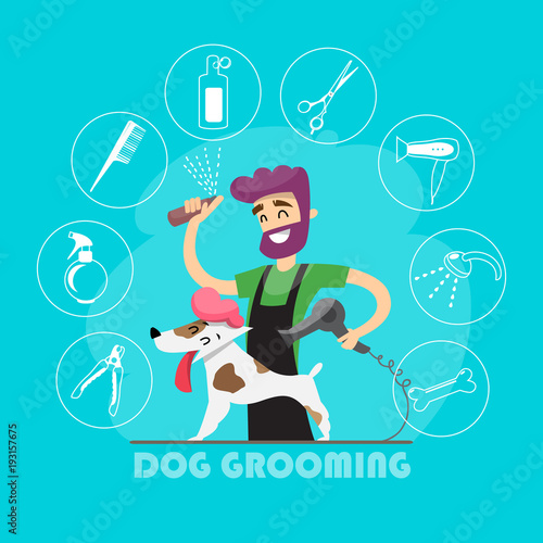 Cute dog at groomer salon and set of icons