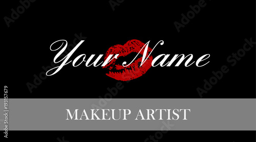 Makeup artist business card. Business cards template with red trace kiss lips print. Elegant fashion design cards. Makeup artist banner. Vector template.business concept. Isolated vector.