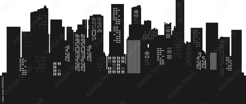Silhouette Cityscape background. Buildings flate style. Modern architecture. Urban landscape. Horizontal banner with megapolis panorama. Vector illustration. copy space for text. - obrazy, fototapety, plakaty 
