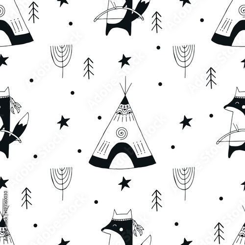 Cute hand drawn seamless pattern with animal character in scandinavian style.