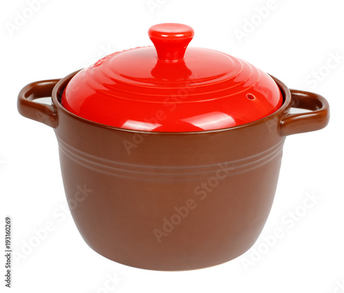 brown saucepan with red lid on white background