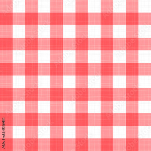 Vector linen gingham checkered blanket tablecloth. Seamless white red cloth table pattern background with natural textile texture. Retro country fabric material for holiday breakfast or dinner picnic