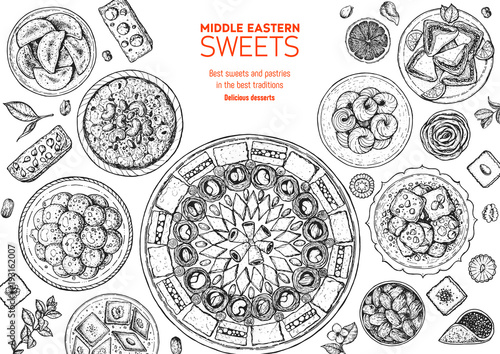 Oriental sweets vector illustration. Middle eastern food, hand drawn sketch. Linear graphic. Food menu background.