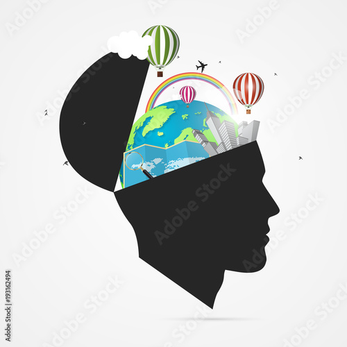 Mind of traveler. Creative concept with open head. Vector