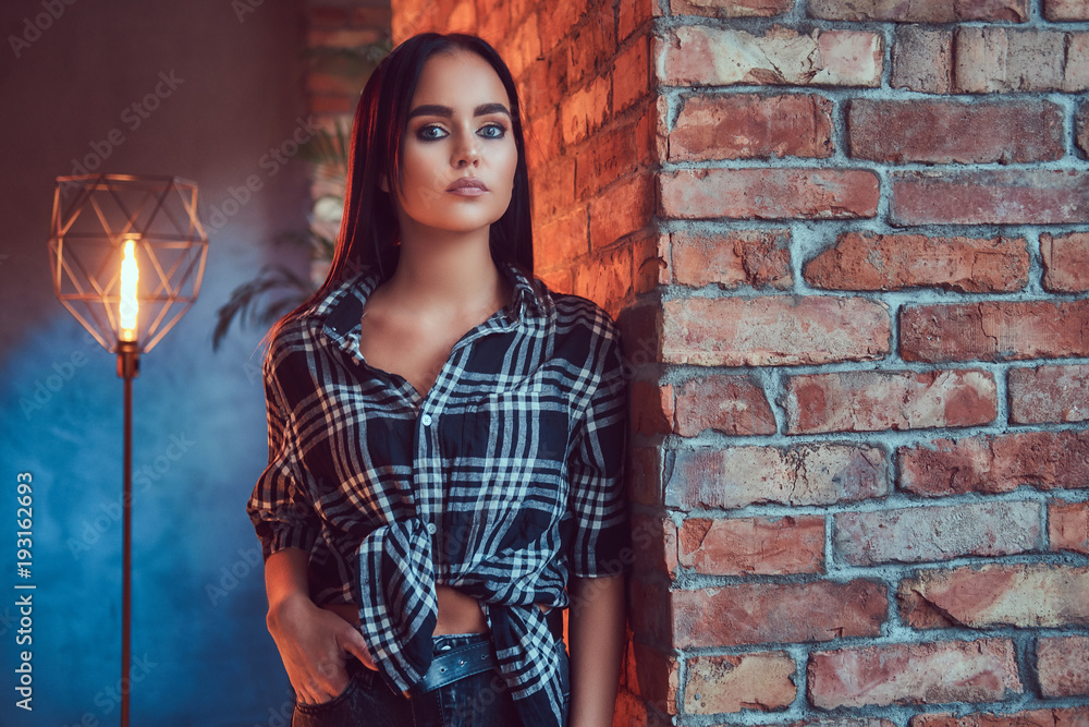 Portrait of an attractive brunette dressed in flannel shirt Portrait of an attractive brunette dressed in flannel shirt
