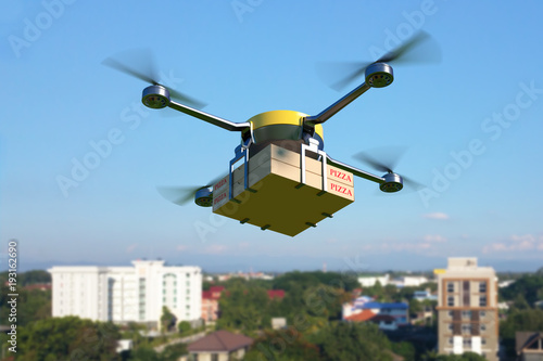 Delivery drone with pizza box. 3D illustration