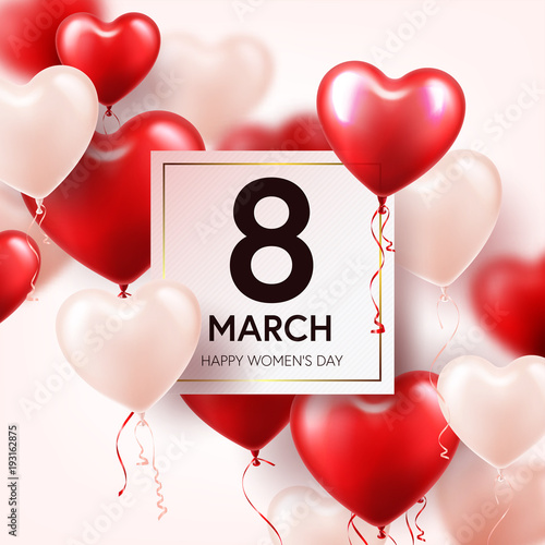 Women's day red background with balloons, heart shape. Love symbol. March 8. I love you. Spring holiday.