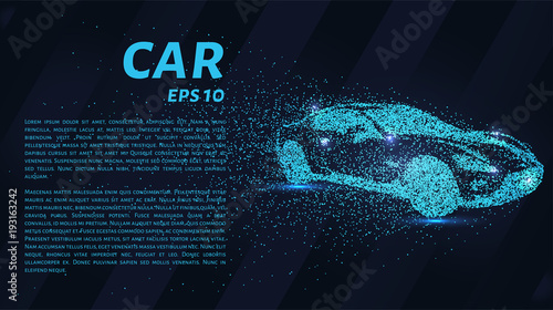 Car from the particles. The car consists of dots and circles. Blue car on dark background.