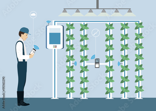 Vertical greenhouse gardens. Growing micro greens.  Smart farm with wireless control. Vector illustration.
