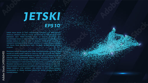 Jetski from the particles. Aquabike consists of dots and circles. Blue jet ski on a dark background