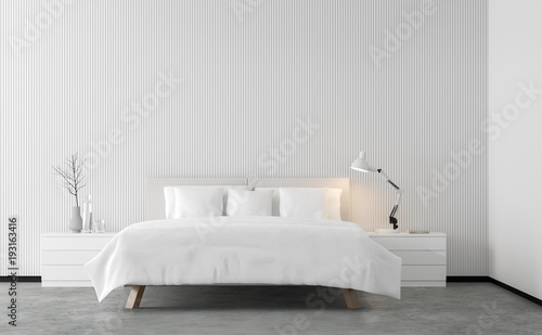 Minimal style bedroom 3d rendering image.There are concrete floor,Decorate wall with white wood lattice and finished with white furniture.