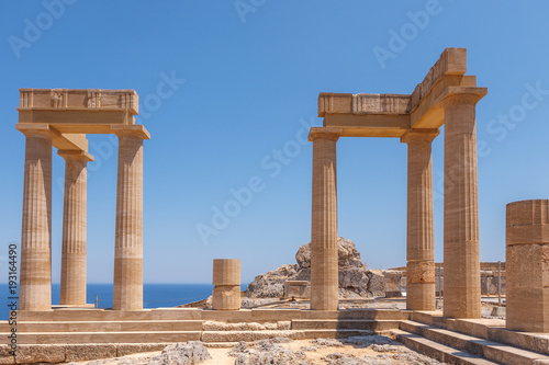 Destroyed columns of the ancient city of Lindos, Greece