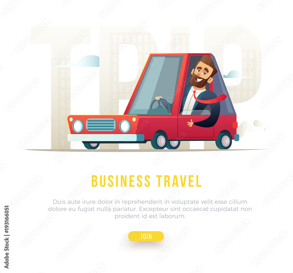 Cheerful bearded businessman in suit driving a car. Concept business travel illustration. Cheerful bearded businessman in suit driving a car. Concept business travel illustration.