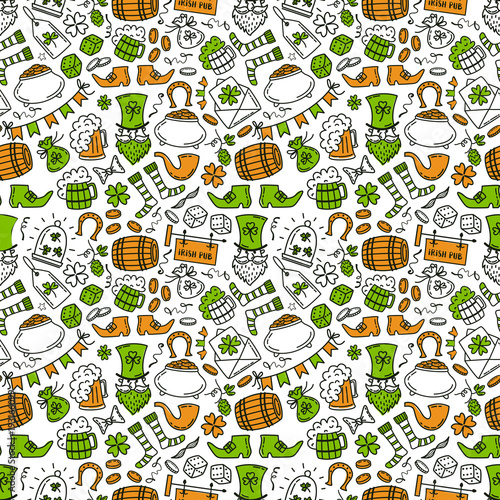 St patrick day irish seamless pattern. Holiday symbols - irish hat, green beer, horseshoe, pot with golden coins,flags on white background.Hand draw doodle style vector illustration.