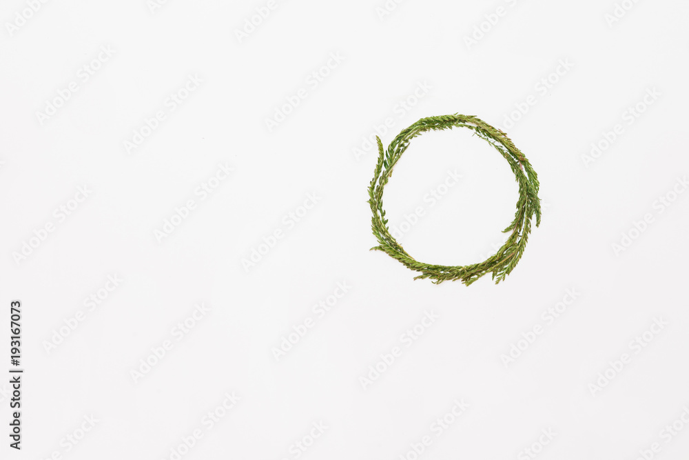 Wreath from green leaves on white background, flat lay Wreath from green leaves on white background, flat lay