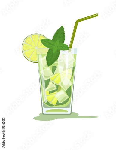 Glass of mojito cocktail with mint and straw. Vector illustration isolated on white background